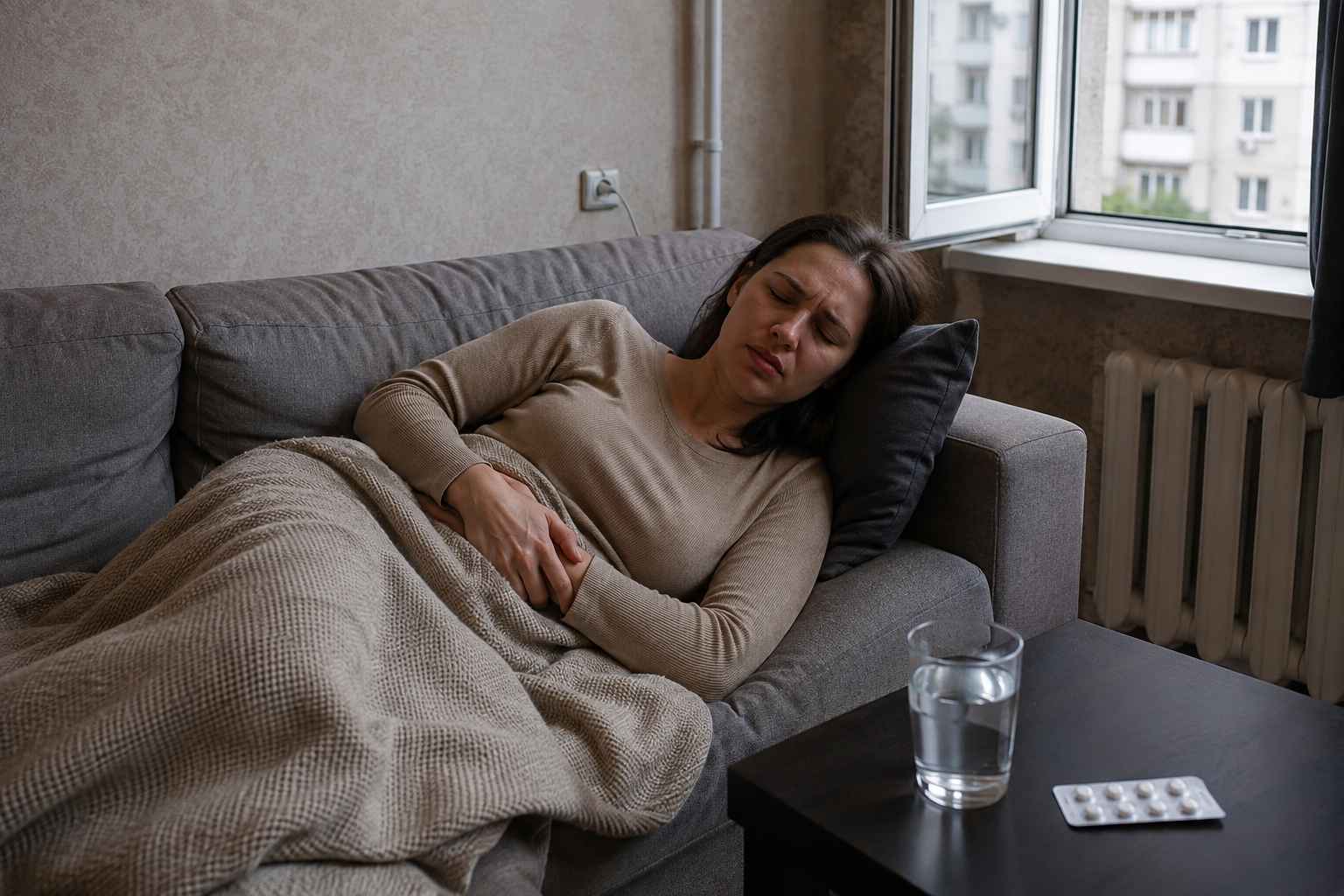 Женщина испытывает сильную тошноту после запоя, лежа на диване