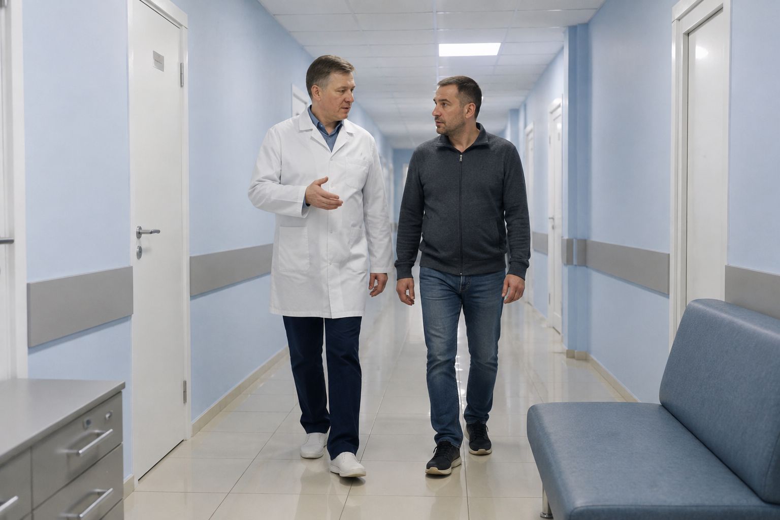 Врач рассказывает пациенту о процедуре вшивания ампулы от алкоголизма.
